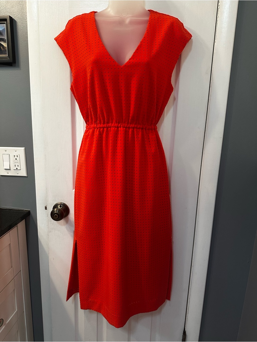 J. Crew Bright red/pink V-Neck Cap-Sleeve Midi Dress